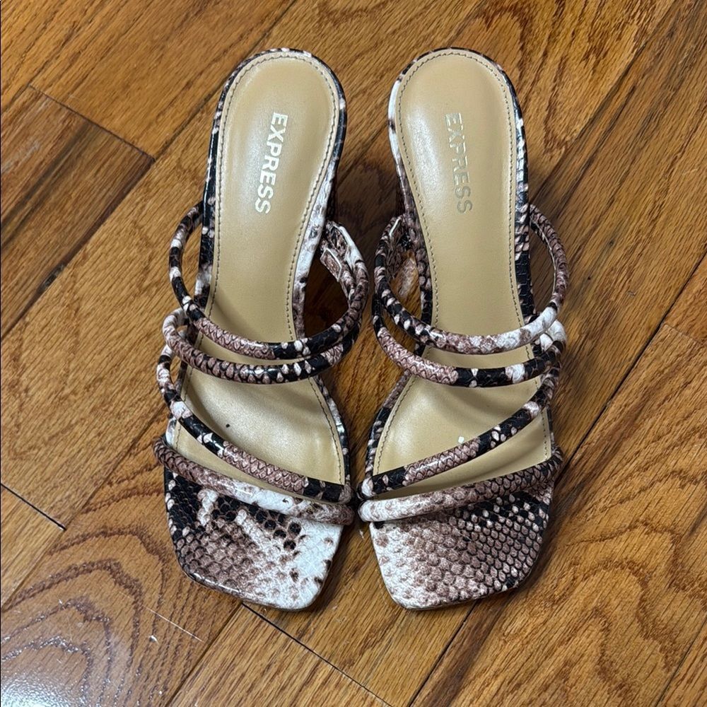 Express Women’s Multi-Strap Snake-Print Slide Sandals in Brown and Cream